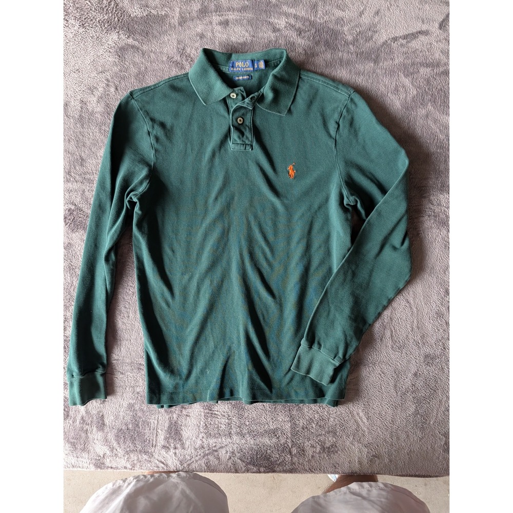 Polo Ralph Lauren Mens Custom Slim Fit Long Sleeve Polo Green Orange Pony Small